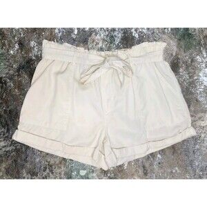 Aerie Belted Paperbag Shorts Womens LG Beige Khaki Cuffed Hem Boho